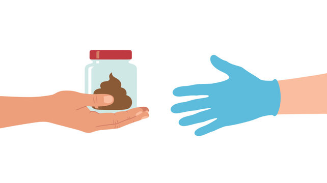 Illustration depicting a gloved hand reaching to receive a jar containing a fecal sample, symbolizing medical testing or donation