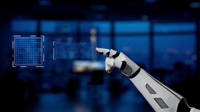 A futuristic robotic hand interacting with digital agile icons in a modern office, symbolizing innovation and advanced software development practices. Synapse