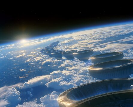 High concept sci fi scene of planetary migration powered by thousands of towering engines across Earth continents