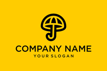 Obraz premium Minimalist Black Umbrella Line Art Logo on Yellow Background. Modern Company Branding Design Template, Protection and Shelter Symbol.