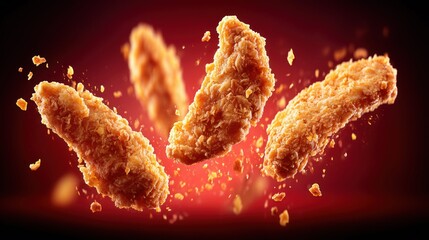 Crispy golden chicken tenders flying through the air with crumbs scattering around them