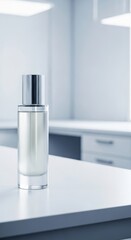 Clear bottle with silver cap on white countertop in modern laboratory setting viewed from side