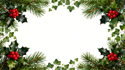 Fototapeta premium Christmas border frame with holly berries and ivy leaves isolated on transparent background