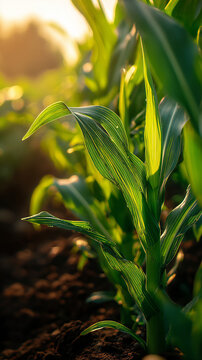 Young corn plant in field at golden hour, agriculture growth concept