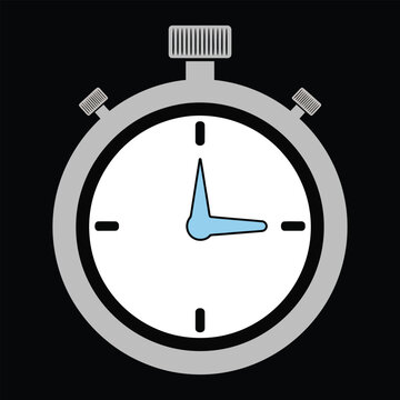 A stopwatch with a white face and blue hands on a black background