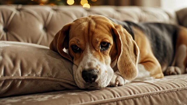 Sad beagle dog lying on a couch looking depressed and lonely at home