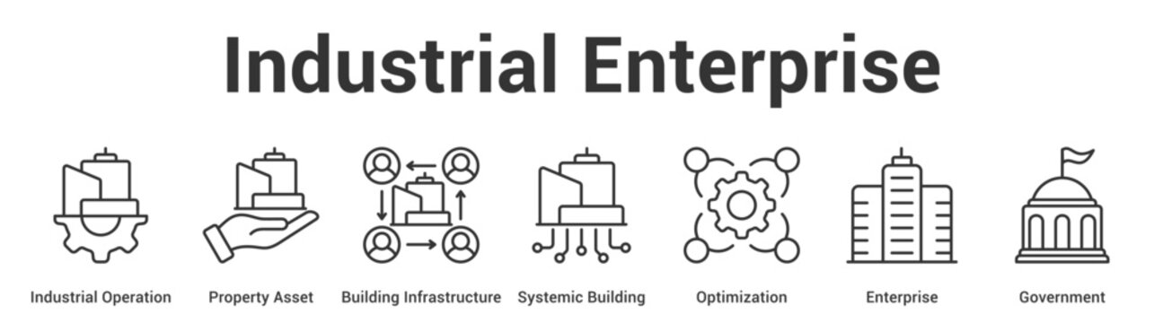 Industrial Enterprise web banner icon set vector illustration concept for business with icon of Industrial Operation, Property Asset, Building Infrastructure, Systemic Building, Optimizati.