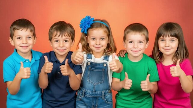 Group of happy children giving thumbs up to camera on orange background approximately 160 characters