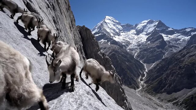 Majestic mountain goats navigate treacherous Himalayan slopes with stunning snowy peaks in background.