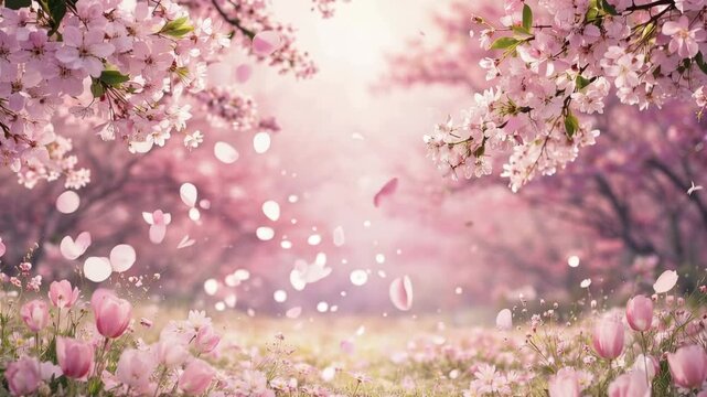 Blossoming cherry trees with pink flowers and falling petals create a serene atmosphere in a vibrant garden filled with tulips and soft sunlight filtering through the branches