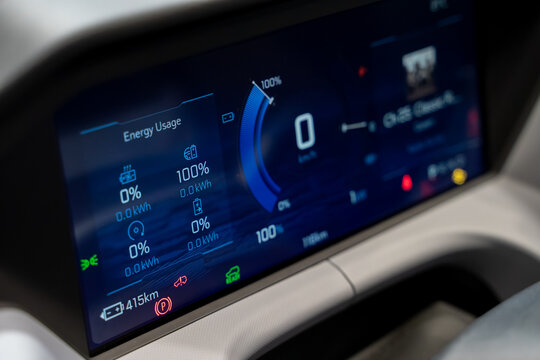 Close up of electric vehicle digital dashboard display