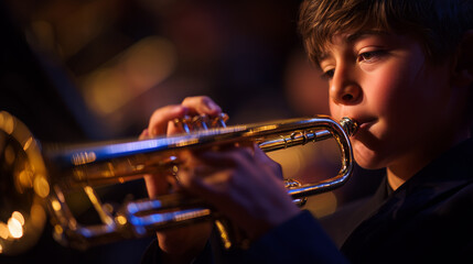 young male trumpet player performing on dark stage with golden lighting, handsome teenage musician playing brass instrument in concert, focused trumpet soloist in elegant suit under spotlight
