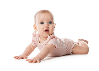 Portrait of cute little baby on white background