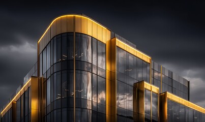 Modern glass building with golden accents illuminated against a dramatic stormy sky