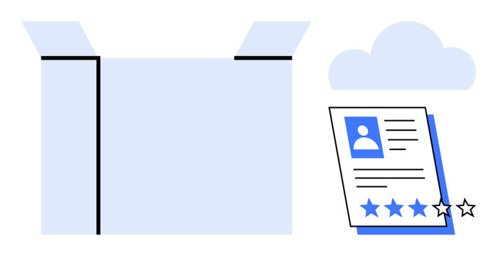 Open cardboard box next to a profile document featuring a photo, star ratings, and a blue highlighted edge. Ideal for feedback evaluation, recruitment, cloud storage, logistics, user profiling