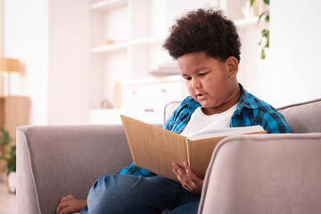 Boy reading book on sofa at home
