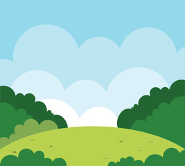 Fototapeta premium A flat vector landscape shows green rolling hills, bushes, and soft clouds under a blue sky. Minimal cartoon background ideal for nature themes, education, marketing, and digital design.