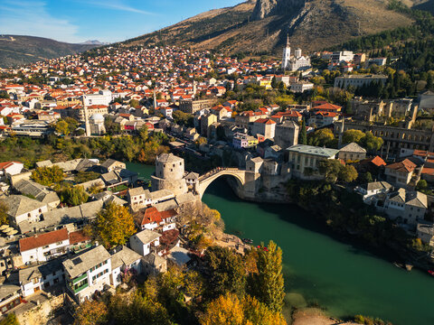 Bridge in Mostar, Bosnia, panorama - 4K aerial drone view	