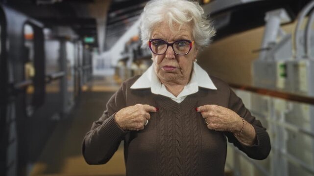 Elderly woman wearing glasses points to her sweater with both hands in a narrow aircraft galley corridor inside a building; firm defiance.