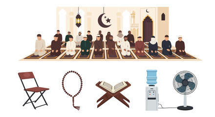 Muslims praying inside a mosque setting with religious and utility objects below