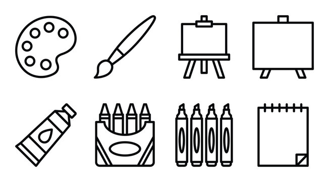 Art and craft tools for painting such as palette, brush, easel, tube of paint, crayons, and notepad