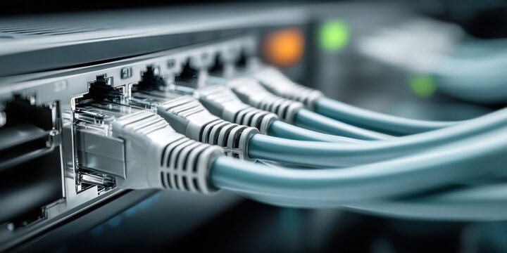 Close-up of blue ethernet cables plugged into a network switch with blinking lights