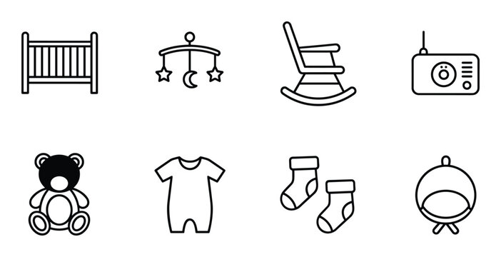 Baby crib to sleep and rest for newborn vector illustration in outline style isolated on white