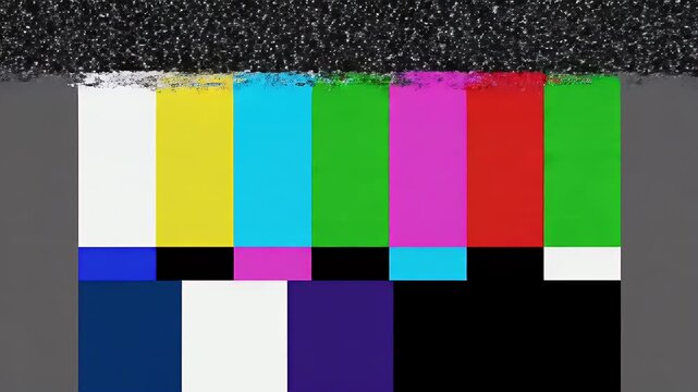 Retro TV Test Pattern with Static and Glitch Effects, Broadcast Interruption.