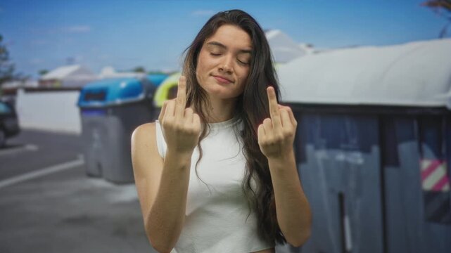 Woman in white crop top flipping middle finger in front of recycling container on street; rebellion defiance.
