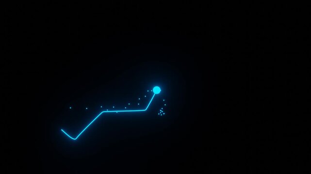 Animated blue financial success chart with rising particle trail, neon blue business growth line animation with glowing particles on dark background