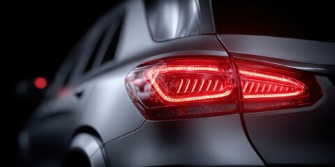 Close-up of a modern car's illuminated red taillight against a dark background