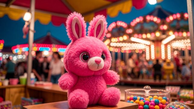 Cute pink plush bunny toy at carnival game stall, amusement park night with carousel lights background, fairground entertainment and childhood memories, bright and colorful funfair atmosphere