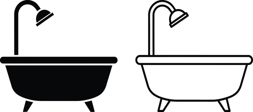 Vector illustration of two bathtubs with shower heads in black and white