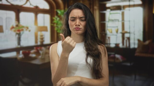 Young hispanic woman wearing white tank top counts fingers in a renovated building; learning focus concentration.