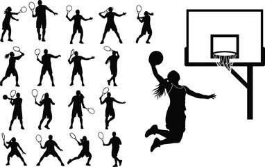 Tennis players and basketball dunk silhouette collection, dynamic sports action isolated on white background © MdAbdullahAl
