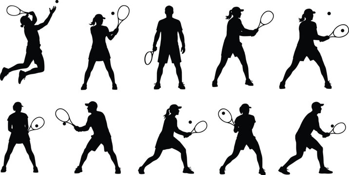 Tennis player silhouette set serving forehand backhand action sport vector illustration collection