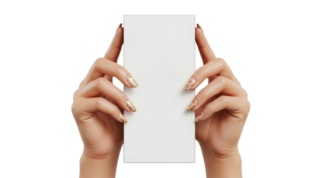 Female Hands Holding Blank White Rectangular Card or Product Box on White Background