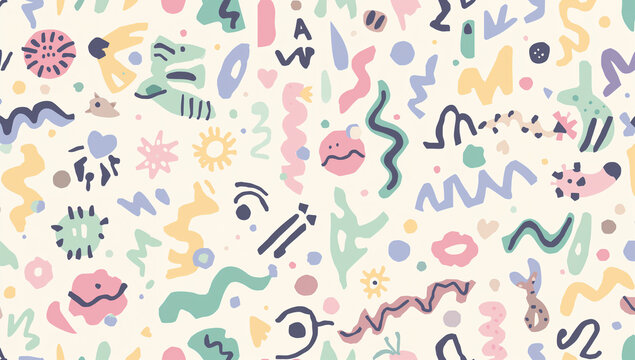 Colorful Abstract Seamless Pattern with Hand-Drawn Organic Shapes and Doodles on Light Background