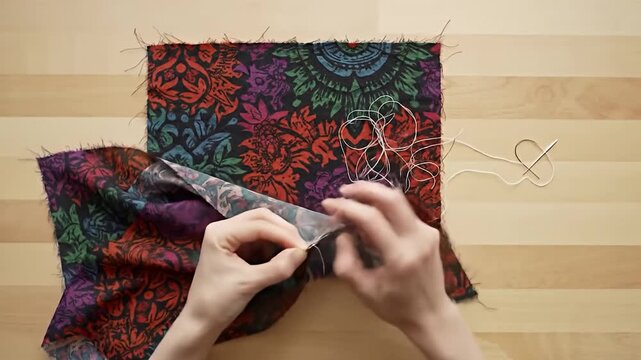 Two hands sewing a colorful, patterned fabric with loose threads on a wooden table