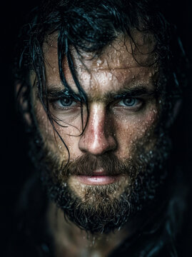 Intense wet bearded man close-up portrait with piercing eyes, dramatic moody lighting