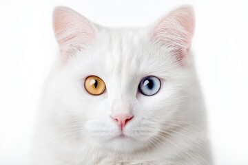 Close-up portrait of a white cat with heterochromia, showcasing its striking blue and amber eyes