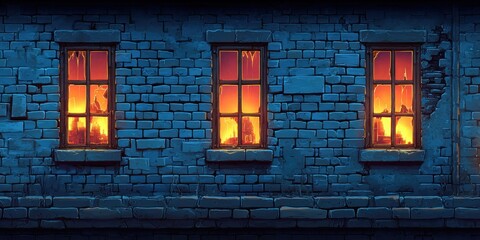 Fototapeta premium Three glowing windows in a dark brick wall at night with city lights visible within