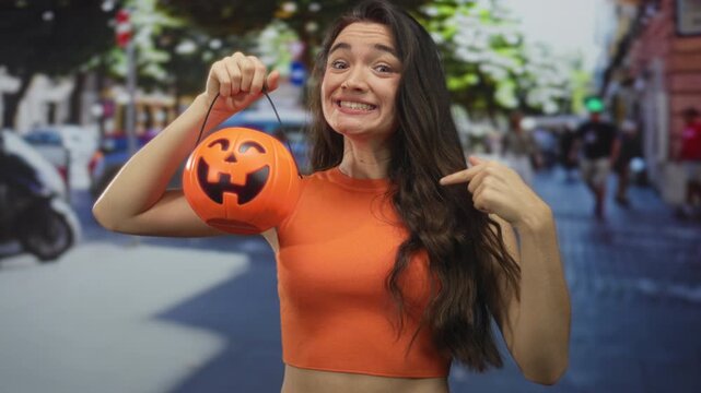Woman holding pumpkin bucket with finger pointing to bucket on street during daytime; holiday excitement.