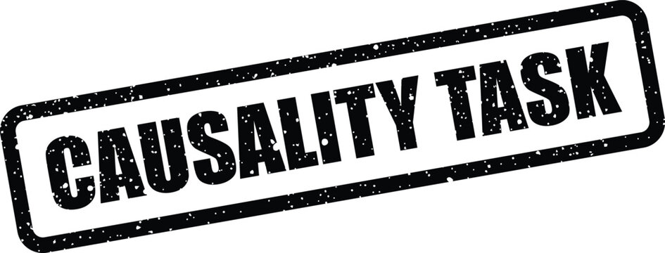 Conceptual stamp graphic with distressed details and the phrase Causality Task in a bold rectangular frame