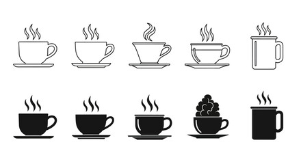 Assorted coffee cups and mugs in various styles with steam rising, isolated on a plain background, viewed from directly above