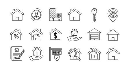 Collection of black and white house icons representing real estate concepts like renting, selling, and property management on a clean background