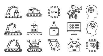 Collection of robotic machinery and artificial intelligence illustrations showcasing technology and innovation in industrial automation from a technical viewpoint
