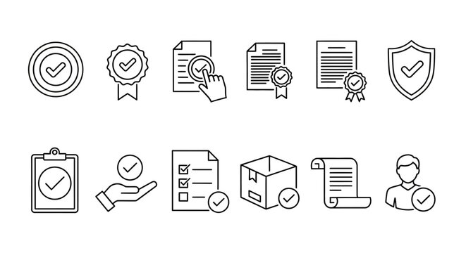 A collection of icons representing approval, verification, and documentation in a line style, featuring checkmarks, certificates, and documents.