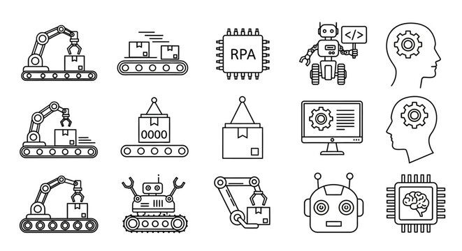 Collection of robotic machinery and artificial intelligence illustrations showcasing technology and innovation in industrial automation from a technical viewpoint