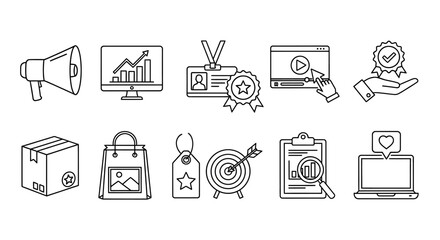 A collection of black and white icons representing marketing and business concepts on a plain background